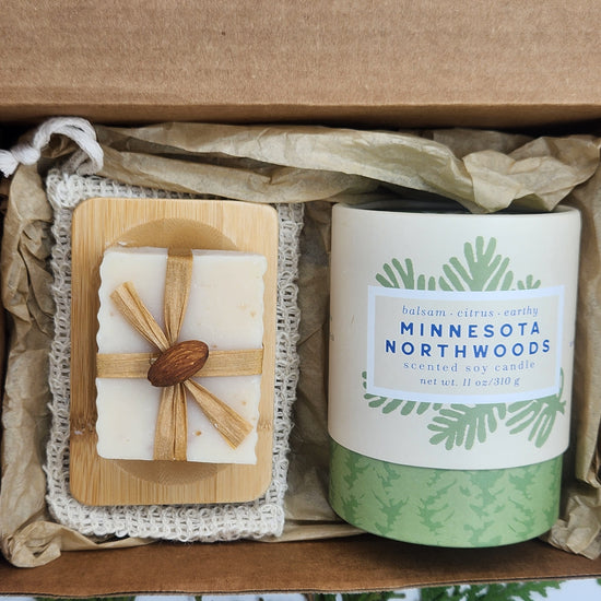 Minnesota Northwoods Candle 11 oz, Almond and Oatmeal Legacy Soap- Best Sellers Bundle Blue Heron Soap Co