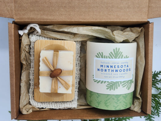 Minnesota Northwoods Candle 11 oz, Almond and Oatmeal Legacy Soap- Best Sellers Bundle Blue Heron Soap Co